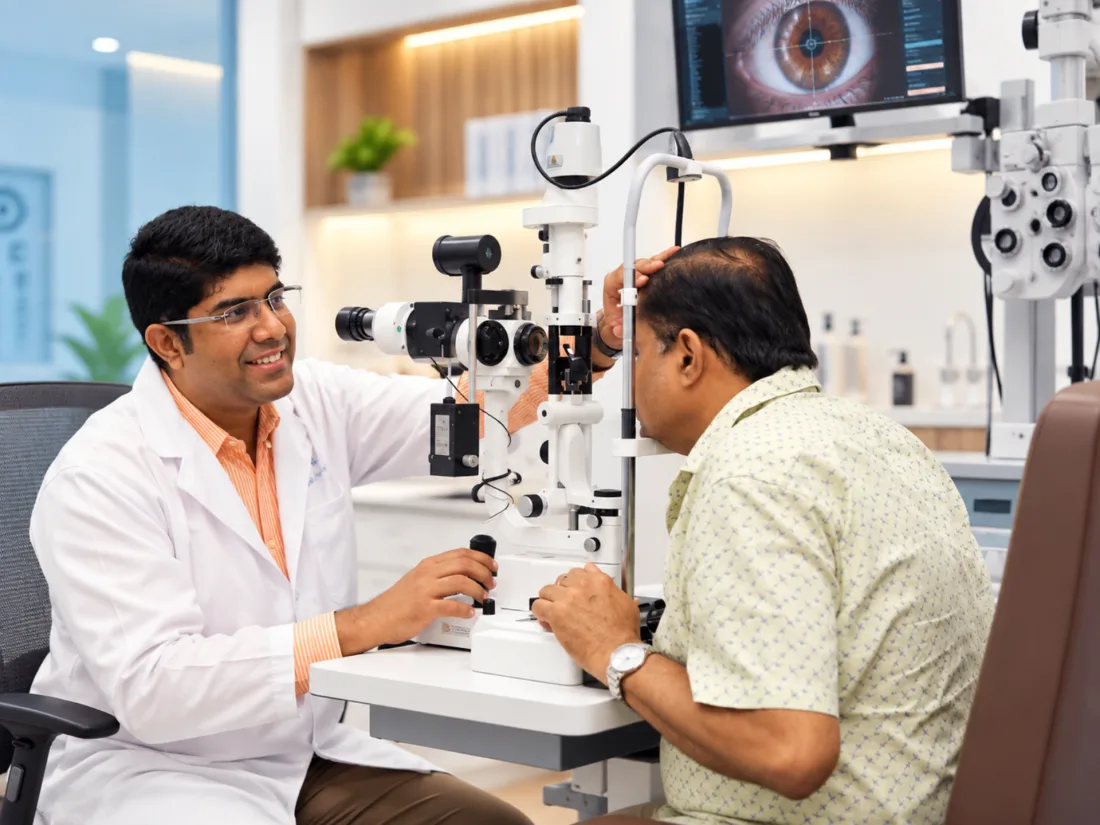 Dr. Atheeshwar Das examining a patient with a slit lamp